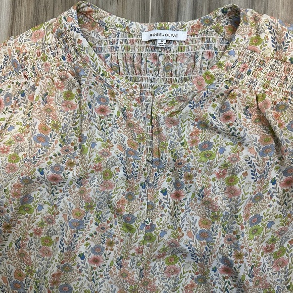 Rose & Olive Blouse 1x Multi Color Floral Smocked 3/4 Sleeve Feminine Boho Fall - Picture 1 of 8